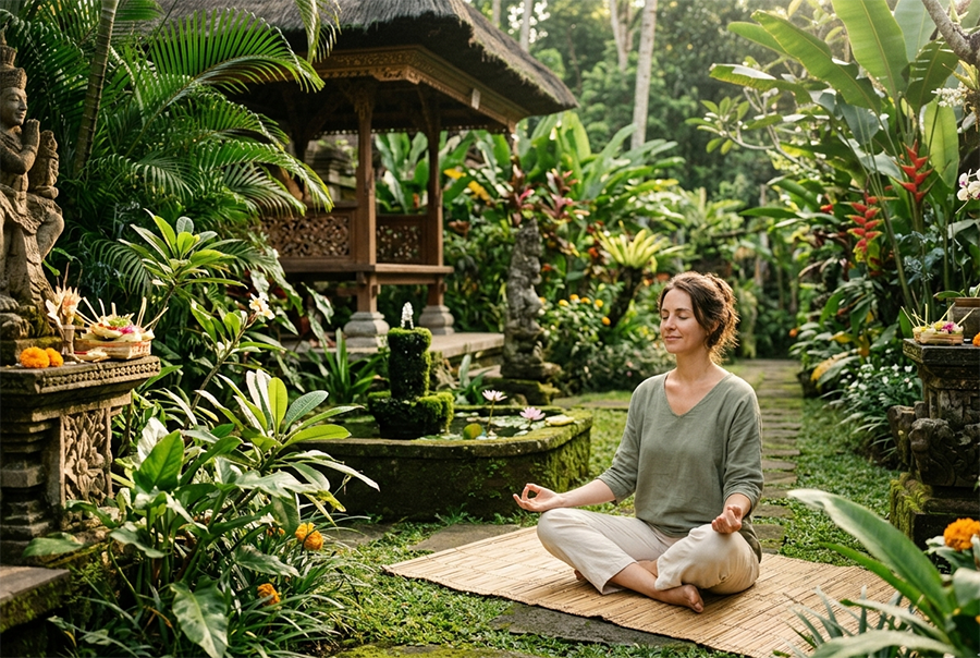 meditasi di alam hijau dan sejuk
